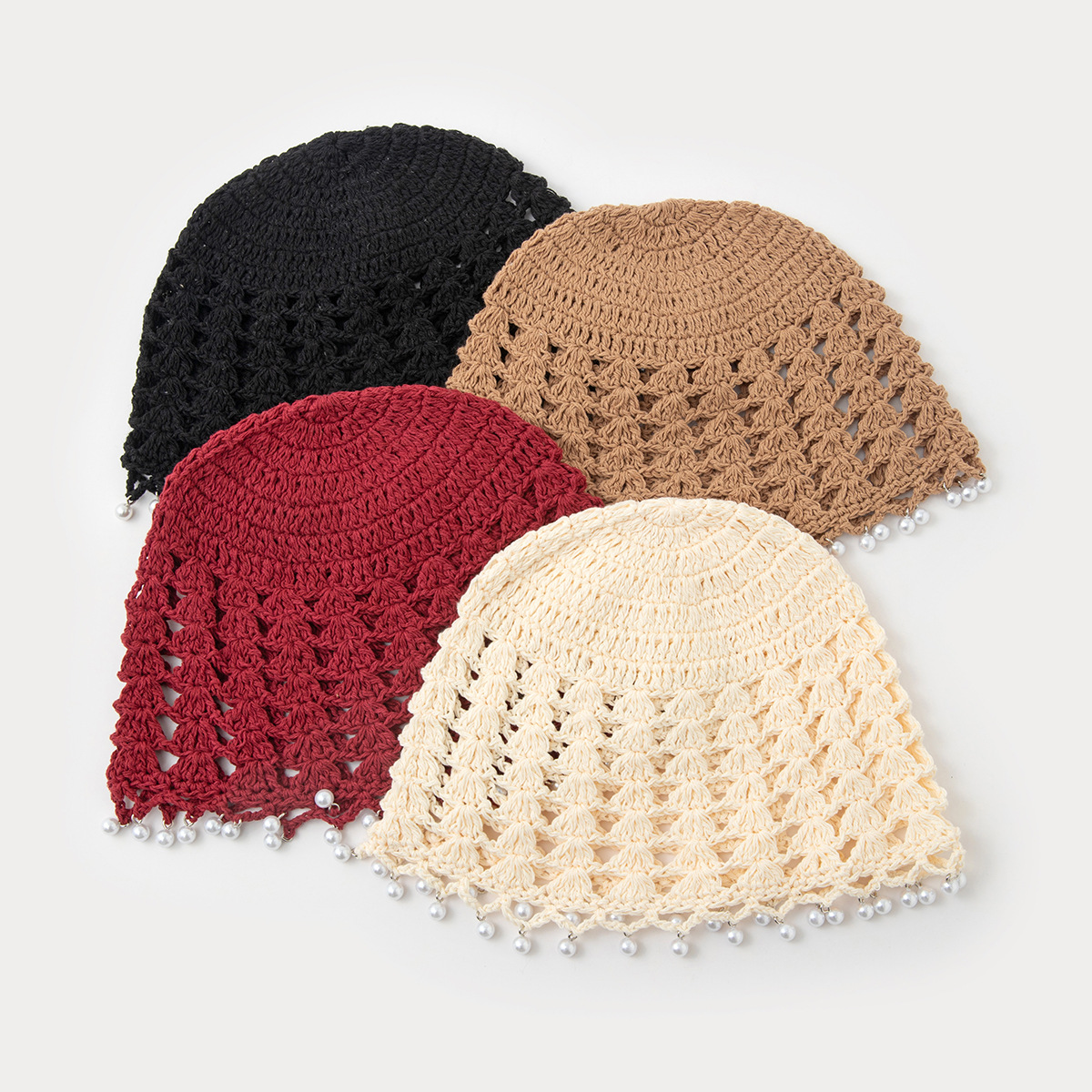 Bohemian-style pearl hollowed-out headwear for women, thin spring and autumn hats, hand-knitted woolen hats and pullover hats