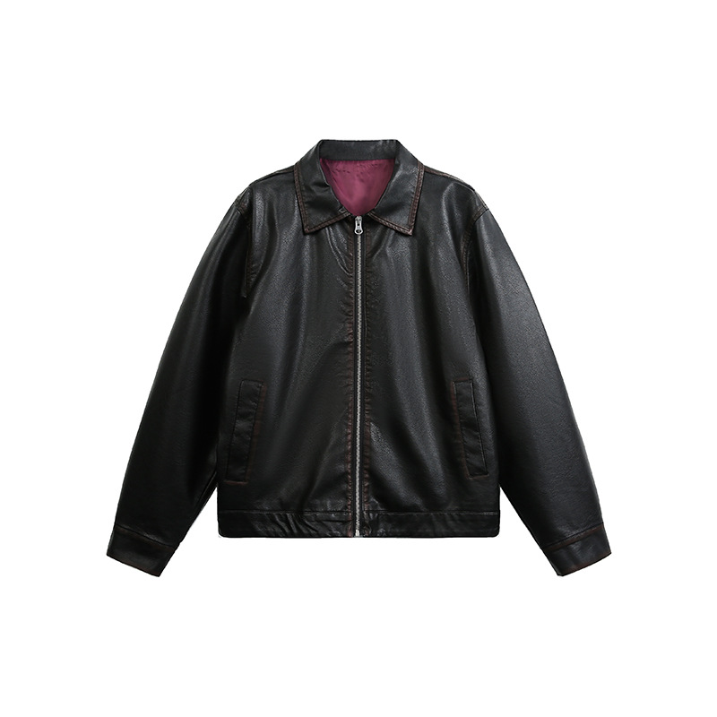 Streetwear, cool, retro color-erased leather jacket, autumn retro lapel, casual, loose and versatile PU leather jacket