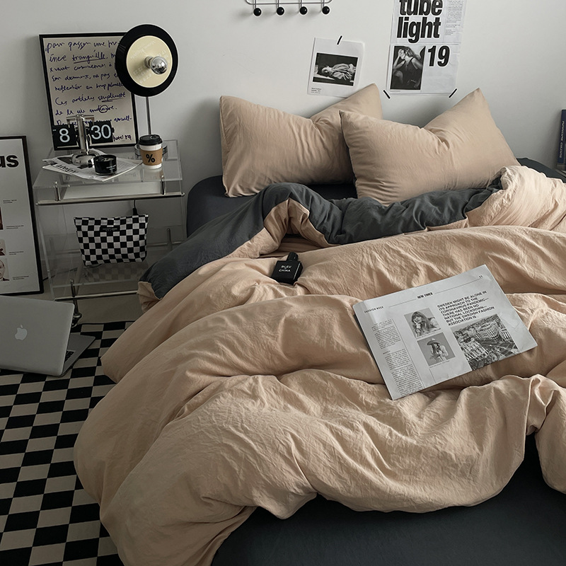 INS solid color Class A mother and baby grade washed cotton four-piece bedding set, suitable for sleeping naked, sheet, duvet cover, fitted sheet, student three-piece set.