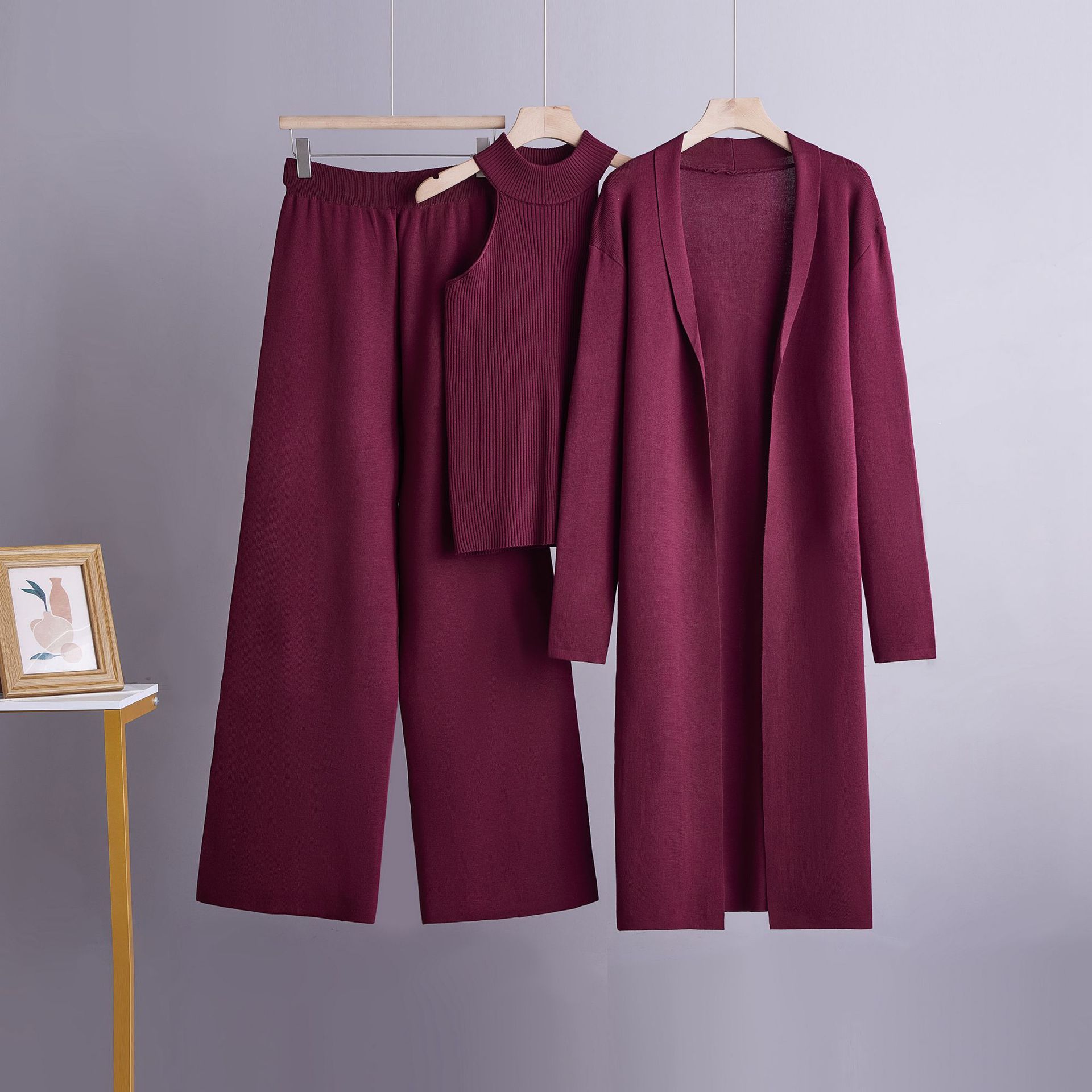 Cross-border Temu best-selling solid-color three-piece knitted set: sleeveless vest + cardigan sweater + pants three-piece set for women