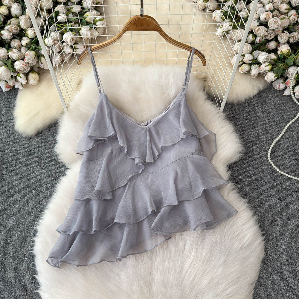 Korean-style gentle and sweet style layered ruffled camisole for women, summer sweet and spicy sexy backless asymmetrical top trendy