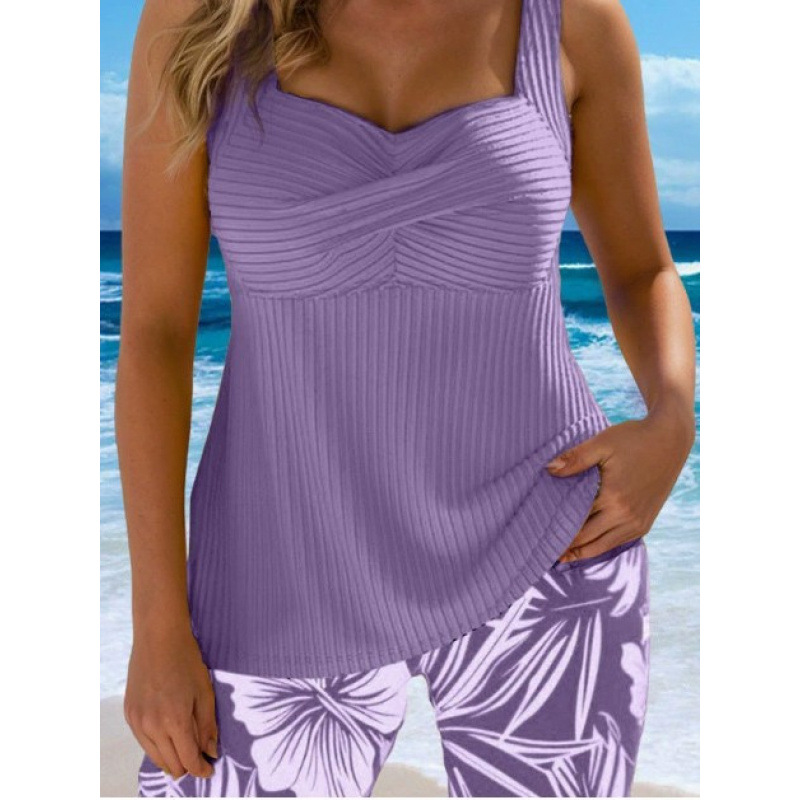 New fashionable and elegant ribbed fabric double-shoulder skirt style tankini swimsuit for beach vacations, flattering and slimming.
