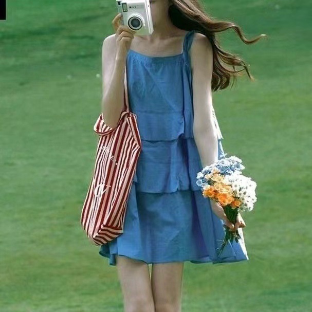 2025 New Summer Korean Style Niche Exquisite Design Ribbon Cake Retro Sweet Fashion Chic Suspender Dress