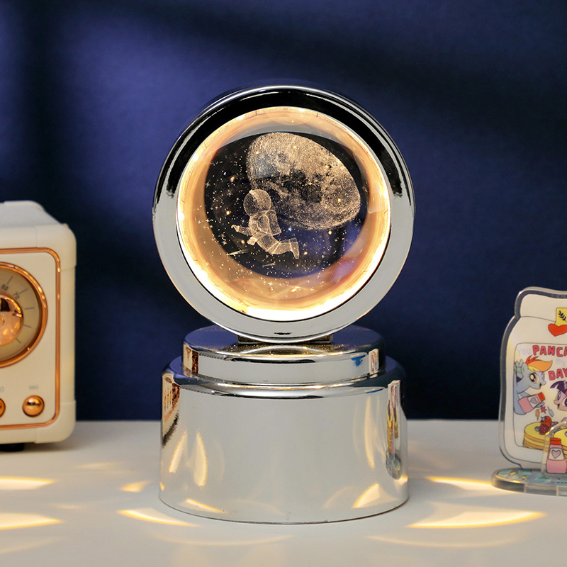 Cross-border creative rotating luminous 3D internally engraved crystal ball night light, USB plug-in souvenir gift, desktop decoration