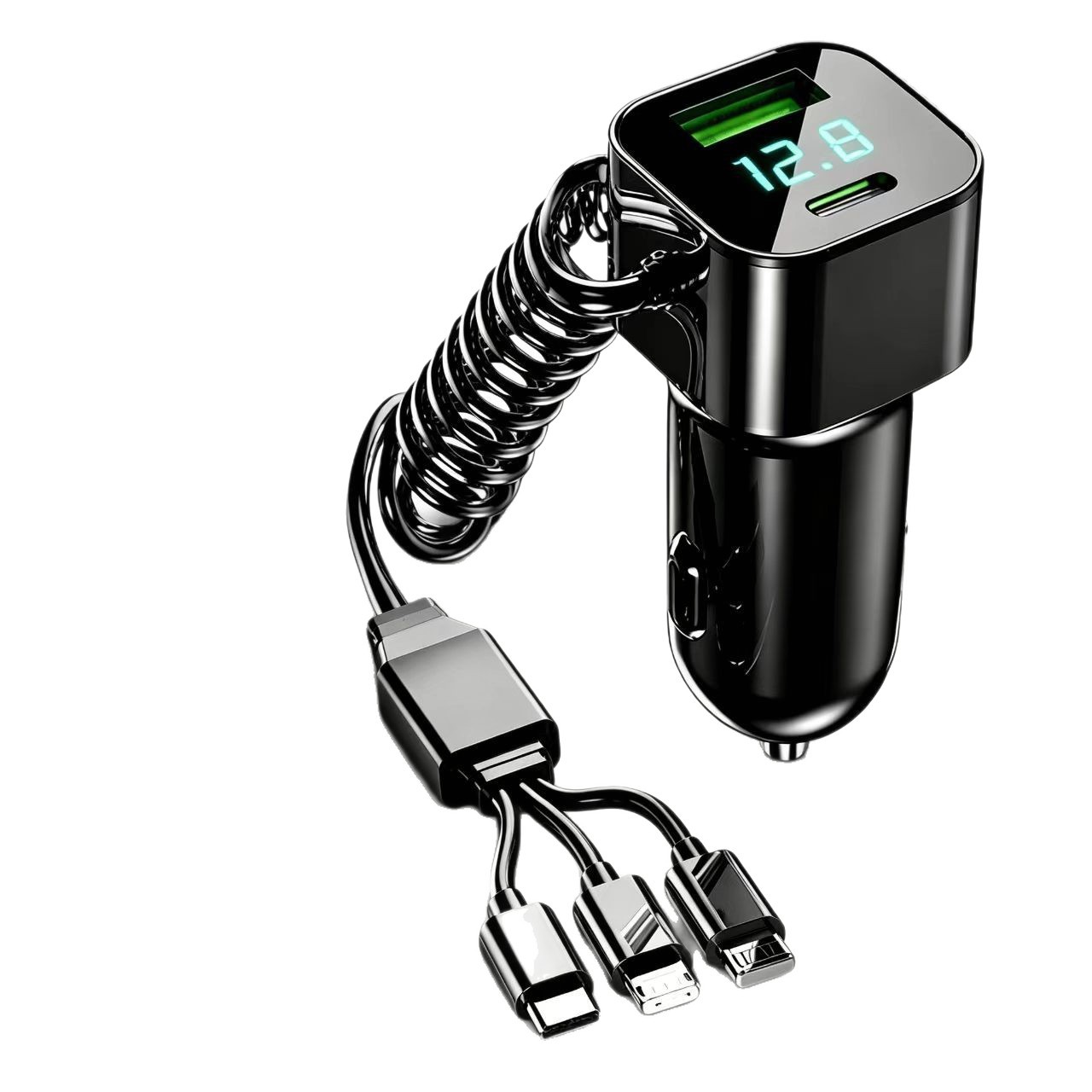 Car charger super fast charging spring cable, one-to-three car cigarette lighter adapter, fast charging 2026 new model.