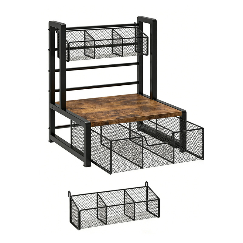 Kitchen storage rack, drawer-style, double-layer capsule coffee and tea bag storage rack, multi-functional seasoning rack, wrought iron rack