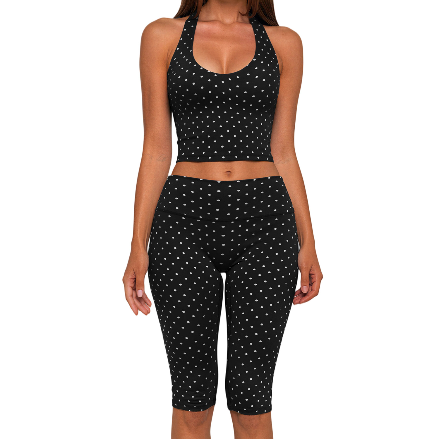2026 New Polka Dot Yoga Suit for Women, Polyester/Spandex Printed Deep V High Elastic 3D Fitness Sports Suit 4551