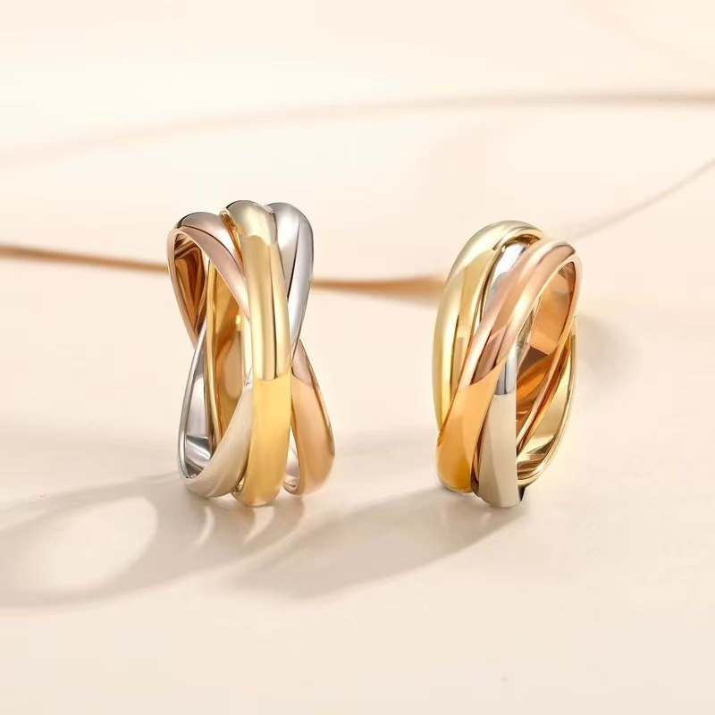 Cartier three-ring three-color stainless steel gold, silver, rose gold mixed color ring, exquisite European and American brand couple ring