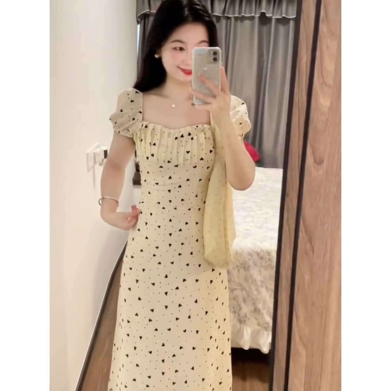 Relaxed vacation style polka dot dress for women, summer French style slip dress with a fitted waist