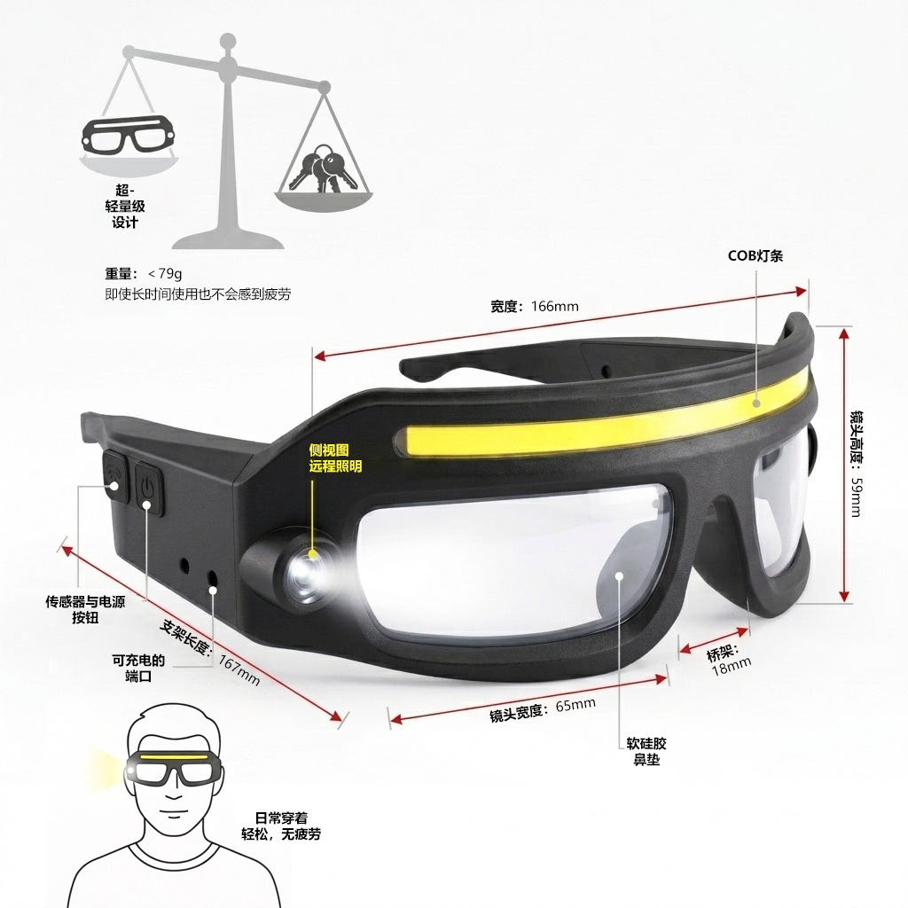 Cross-border outdoor mountaineering glasses light, sensor headlight, night fishing windproof eye protection light, camping head-mounted work cycling light