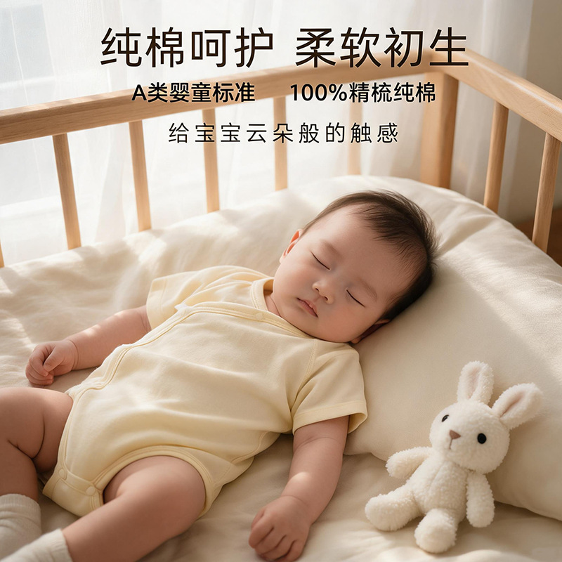 Double-sided solid color newborn romper, short-sleeved, slightly open, 100% cotton, Class A, seamless, belly-covering, triangle-shaped romper, 9856