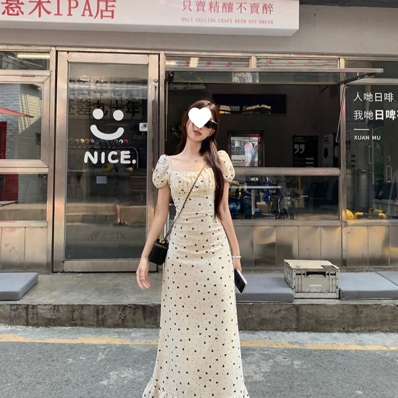 French-style square neck puff sleeve dress, summer elegant waist-cinching bodycon dress, tea dress, unique niche long dress.