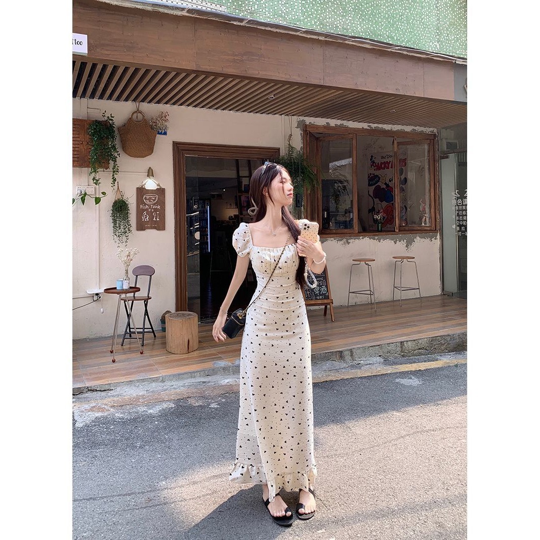 French square-neck puffed sleeve dress for women, summer style, waist and hip skirt, tea break skirt, unique and niche long skirt