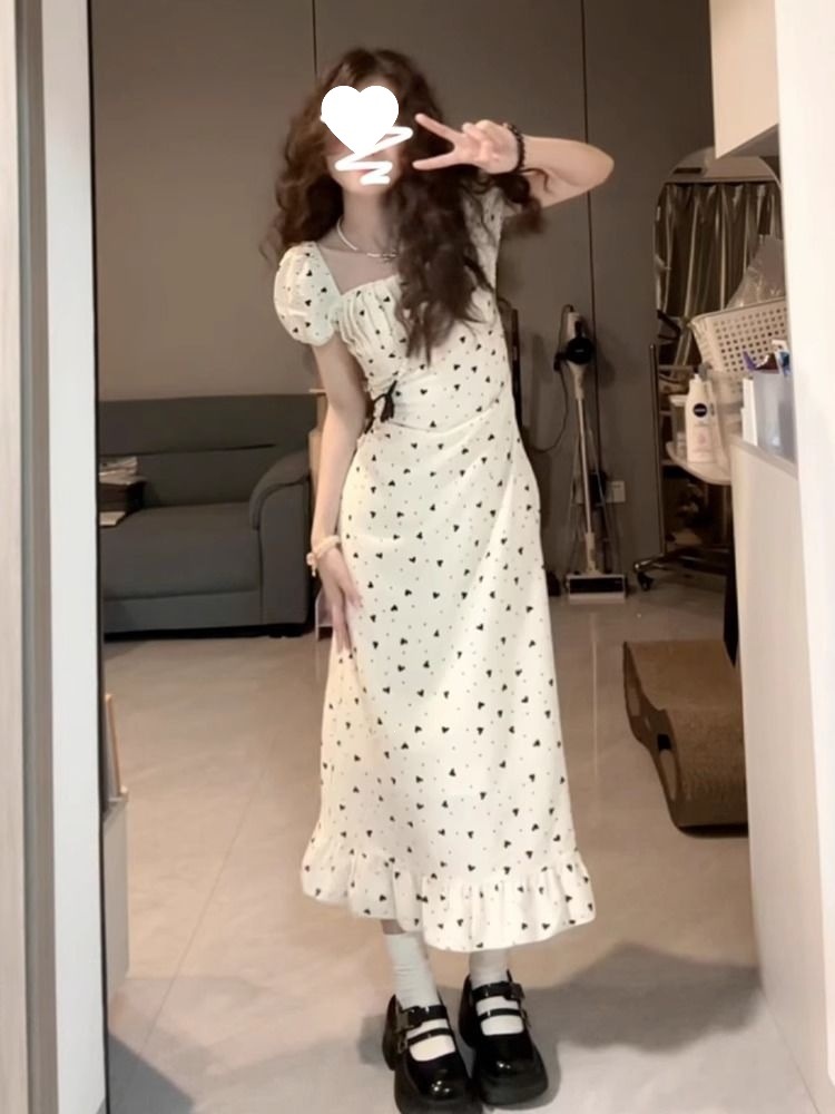 French-style square neck white puff sleeve floral dress, summer 2026 new style, petite bodycon elegant long dress