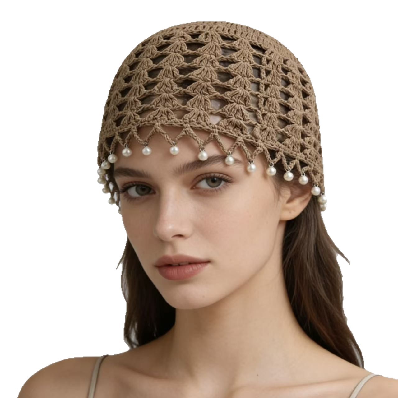 Zhoukeke ethnic style hand-woven hats for women, summer flower-shaped hollowed-out knitted hats, headscarves, pearl tassel hats