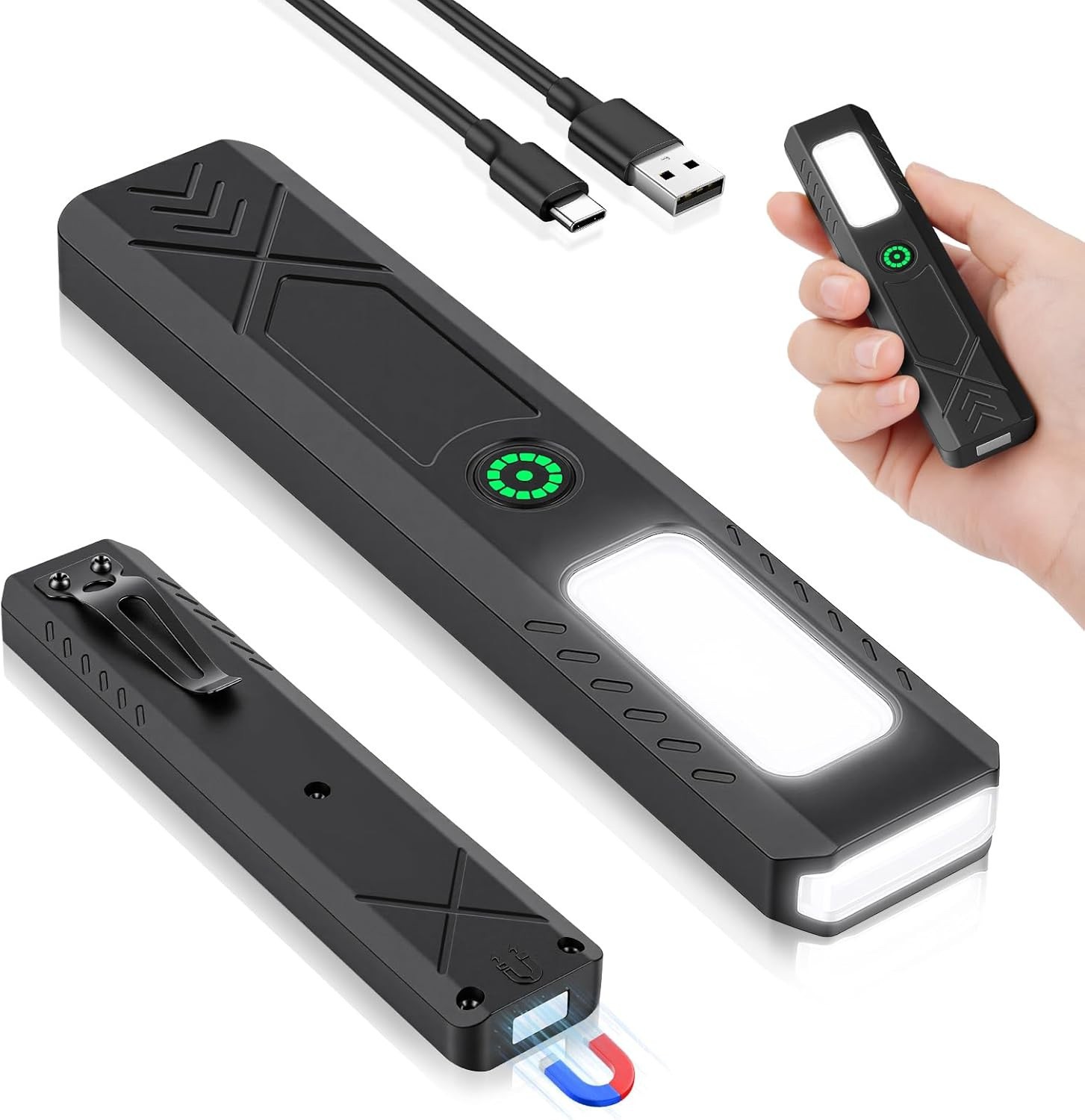 COB Work Light, 3-Speed Multi-Functional Rechargeable Flashlight with Lighter and Screwdriver Function, LED Keychain Light for Camping
