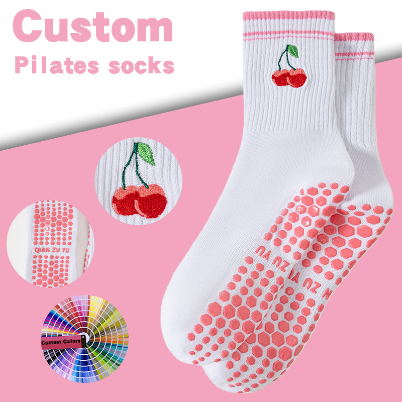 Women's yoga workout socks, mid-calf socks, glued non-slip, lace trim, cherry embroidery, training running Pilates socks