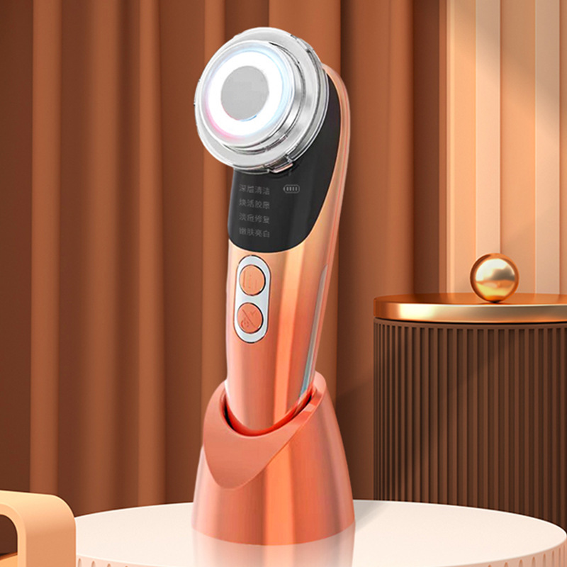 Portable cross-border beauty device for facial cleansing, skin rejuvenation, red and blue light EMS microcurrent lifting, firming, and anti-wrinkle application.