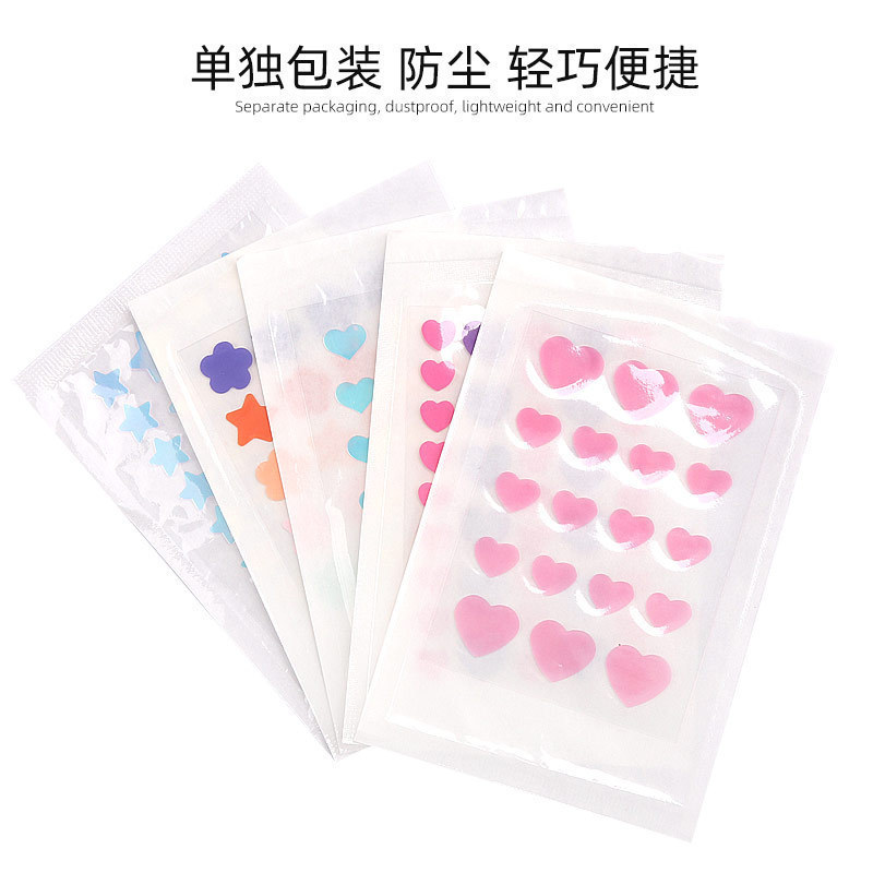Colorful, irregularly shaped acne-concealing patches, hydrocolloid, pink, heart-shaped, waterproof, skin-friendly, makeup-friendly, concealing, invisible, and non-slip.