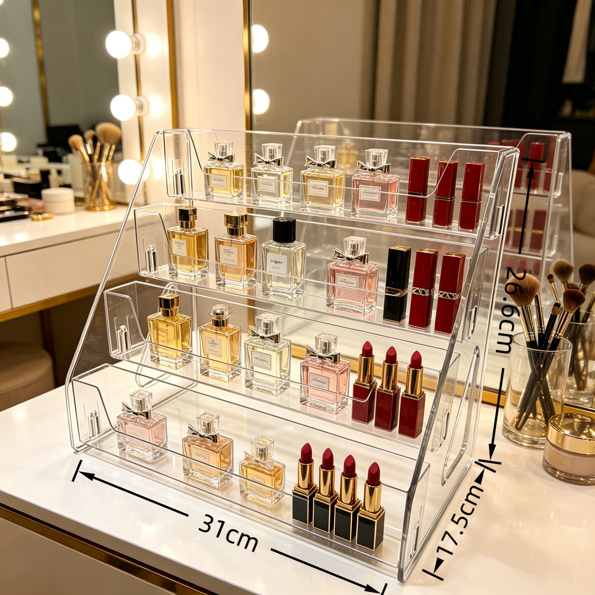 Transparent, large-capacity cosmetic storage box for vanity, lipstick and eyeshadow palette holder, tiered desktop shelf