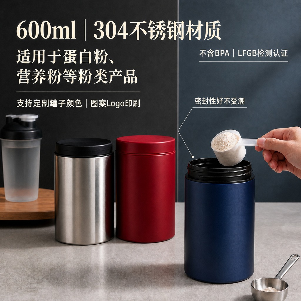 logo printed protein powder can, 304 stainless steel metal nutritional powder can, 600ml fitness and exercise energy powder packaging