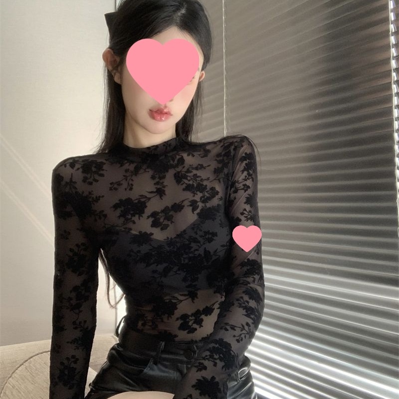 High-neck long-sleeved base layer, see-through sexy jumpsuit, velvet flower mesh, elastic hot girl black top, women's autumn