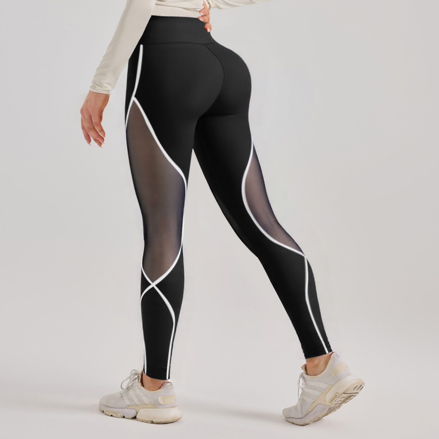 Cross-border color-blocking mesh yoga pants, European and American patchwork high-waisted and hip-lifting running sports pants for women