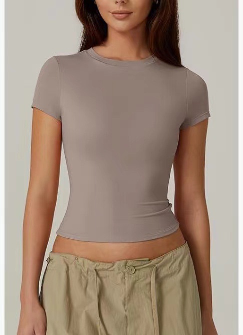 European and American style women's casual short-sleeved t-shirt, spring and autumn solid color slim fit pullover t-shirt, women's street style base shirt top