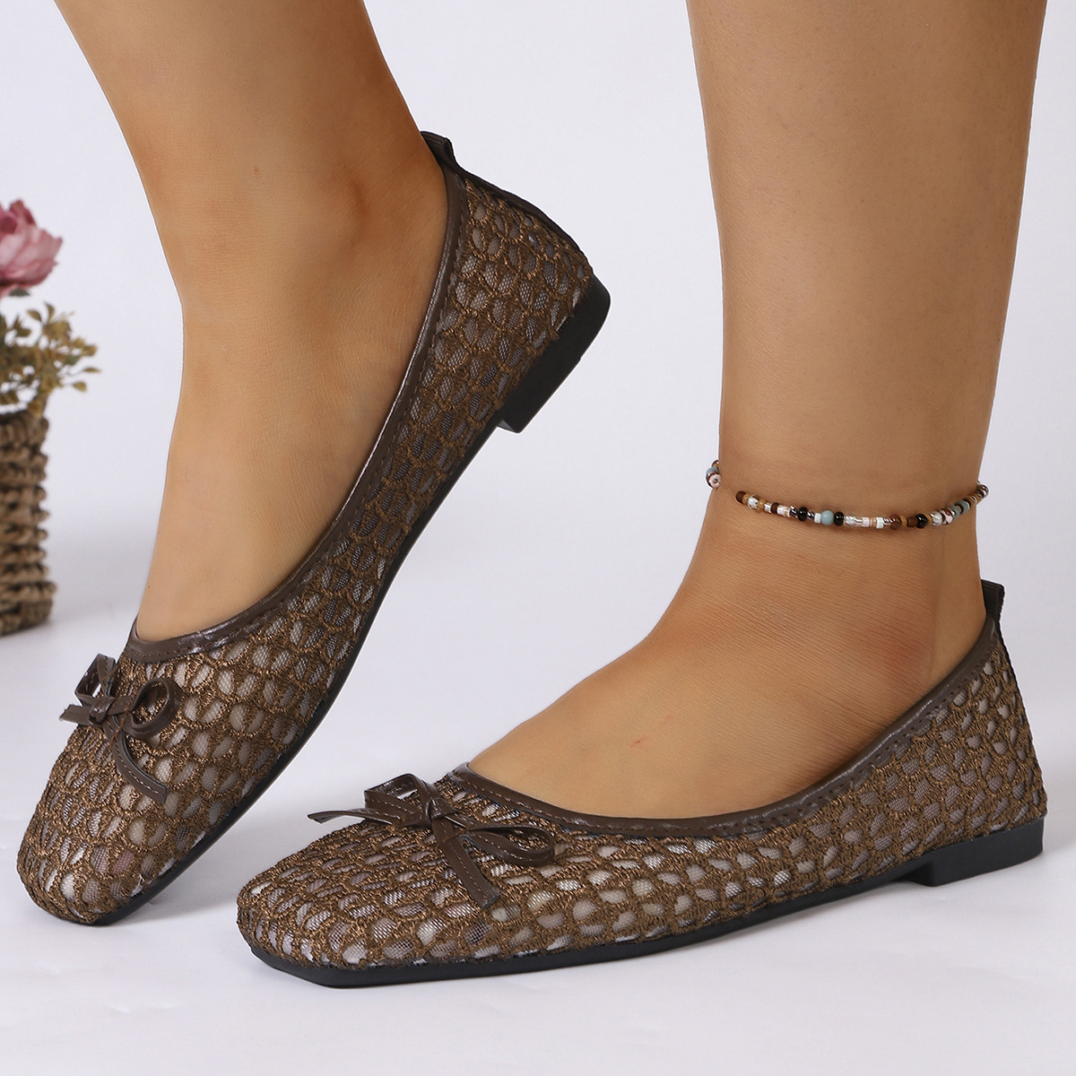 European and American style cross-border women's elegant mesh square-toe flat shoes with bow details, breathable ballet shoes, fashionable and casual shoes