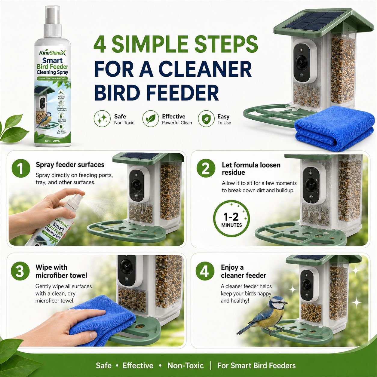 KineShineX Smart Bird Feeder Cleaning Spray 100ML for cleaning camera bird feeders and bird droppings