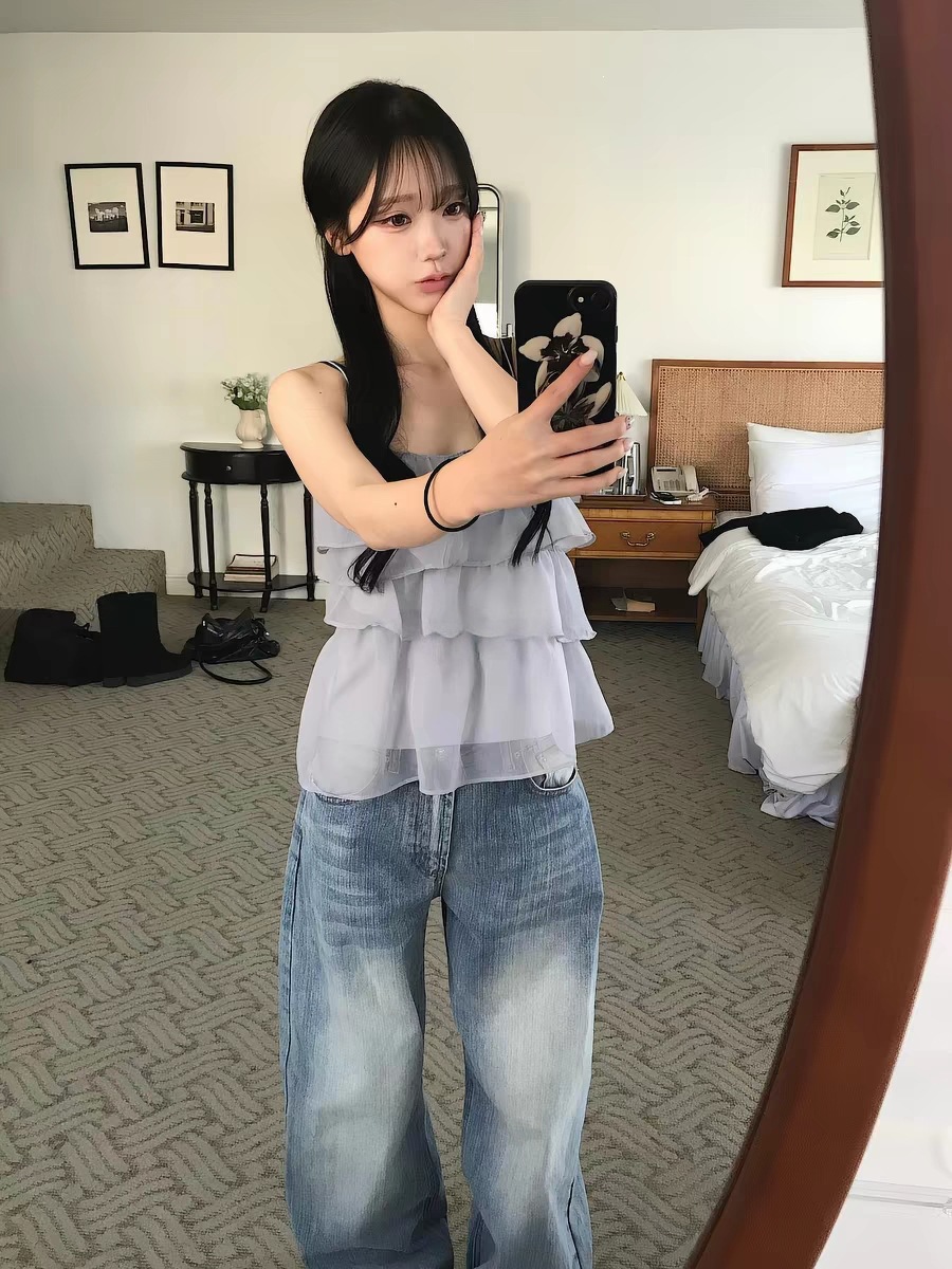 Korean Instagram 2026 Summer New Arrival: Korean Style Niche Layered Ruffled Lace Chiffon Sweet Camisole