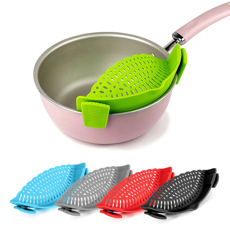 Kitchen clip-on silicone pot drainer, spill preventer, noodle residue filter, fruit and vegetable drain basket