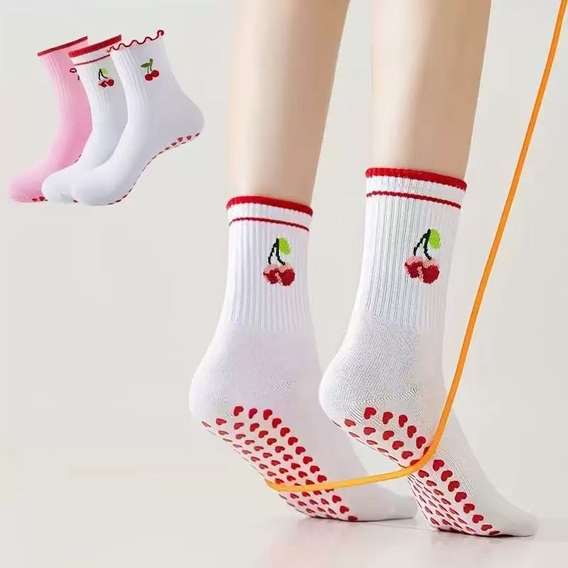 New Women's All-Season Solid Color Cherry Versatile Dot Adhesive Non-Slip Yoga Socks