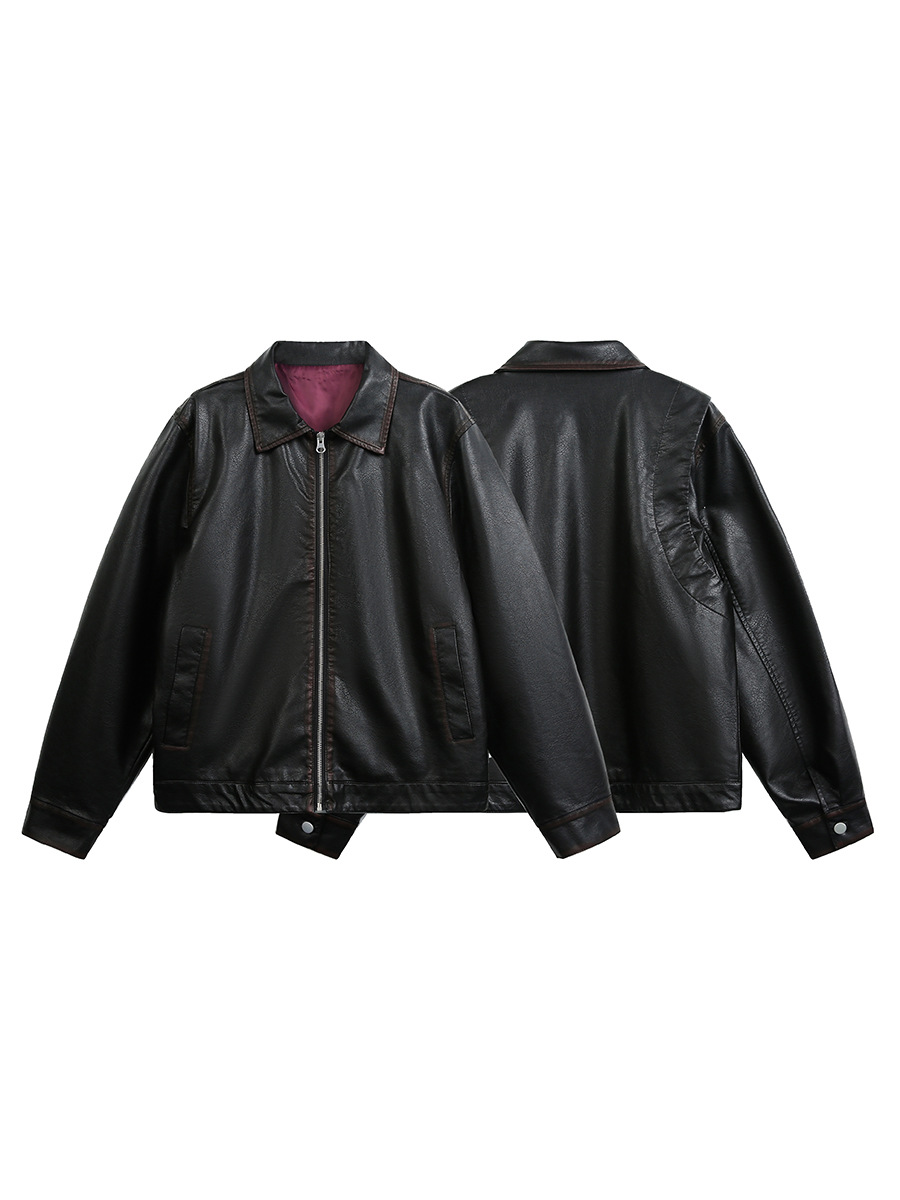 Nanxia dressed up in an American retro vintage washed PU leather jacket, a men's lapel loose motorcycle jacket, and a trendy ins coat