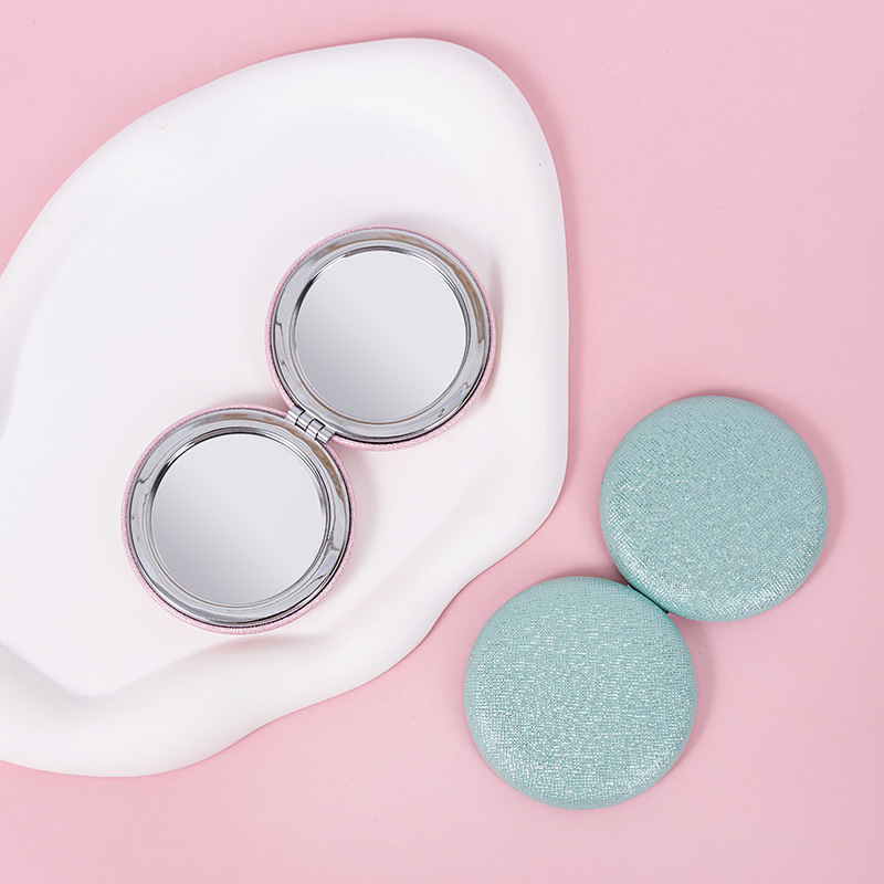 Folding double-sided mirror, handheld makeup mirror, cute mini mirror with PU surface, glittery macaron round mirror