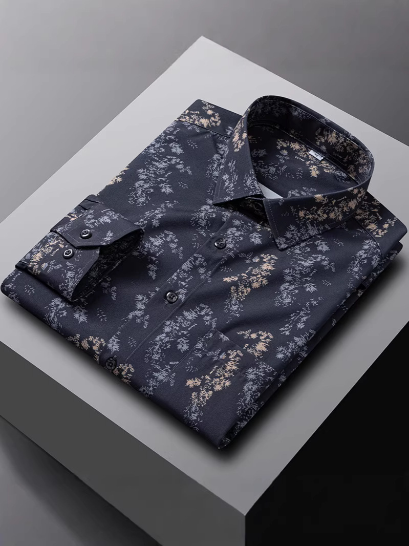 Cross-border men's shirt, printed stretch, wrinkle-free, ink-style Hawaiian long-sleeved beach versatile men's shirt CY
