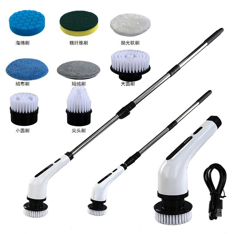 Electric telescopic cleaning brush, long handle, automatic rotating curved head, bathroom floor brush, pot brush