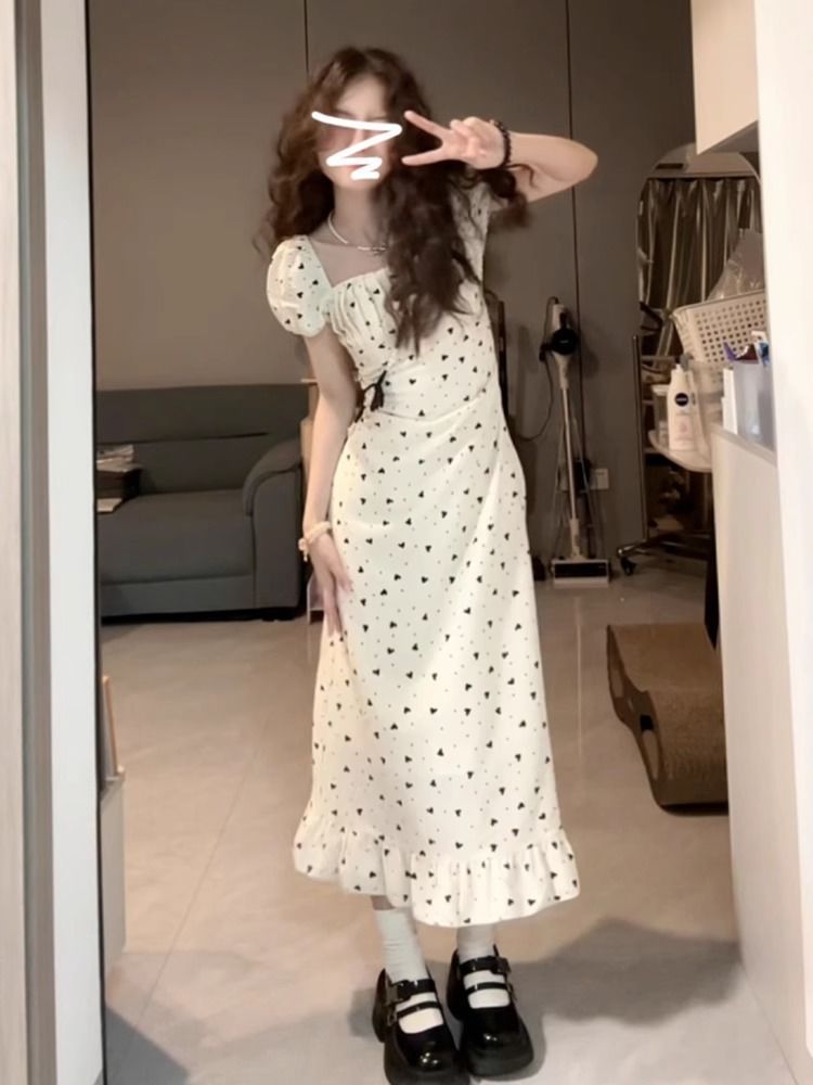 French square-neck puffed sleeve dress for women 2026 summer new style gentle and elegant tea break dress waist-cinching and slimming long dress