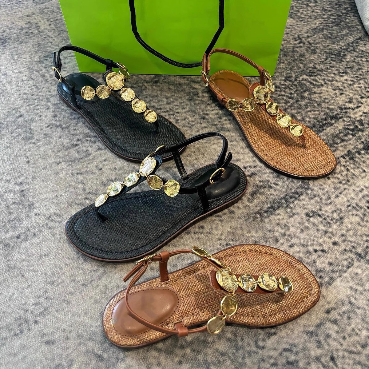 Lambskin version ~ High-end gold coin flip-flops for women, summer flat beach Roman sandals, artistic and retro style