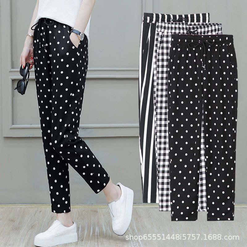 2023 Summer High-Waisted Slimming Checkered Harem Pants Women's Loose Plus Size Versatile Cropped Pants Women's Polka Dot Casual Pants