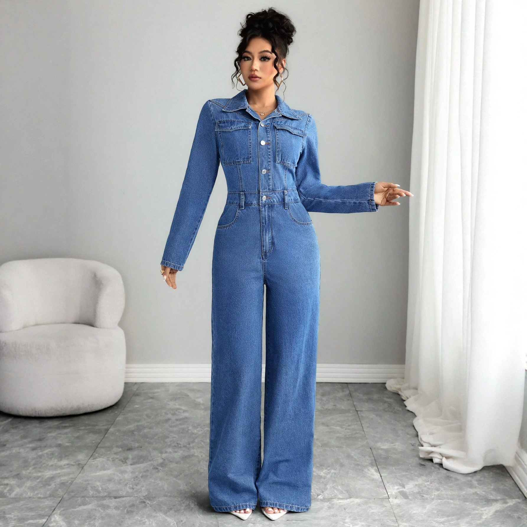 X- 66203# Amazon Cross-border European and American Fashion Casual long-sleeved wide-leg pants women's denim jumpsuit