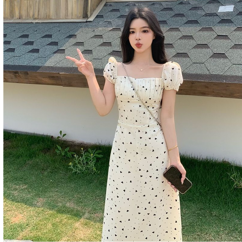 French-style square neckline puff sleeve dress, women's 2026 summer new style, gentle and elegant tea dress, waist-cinching and slimming long dress.