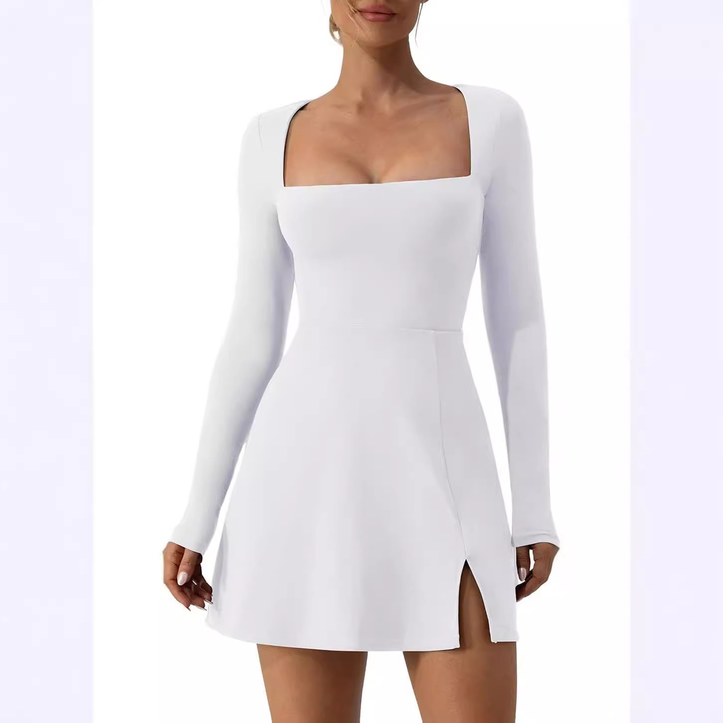 Amazon Bestseller 2023 European and American Style Women's Square Neck Tight-Fitting Corset Long Slit Flared Mini Dress