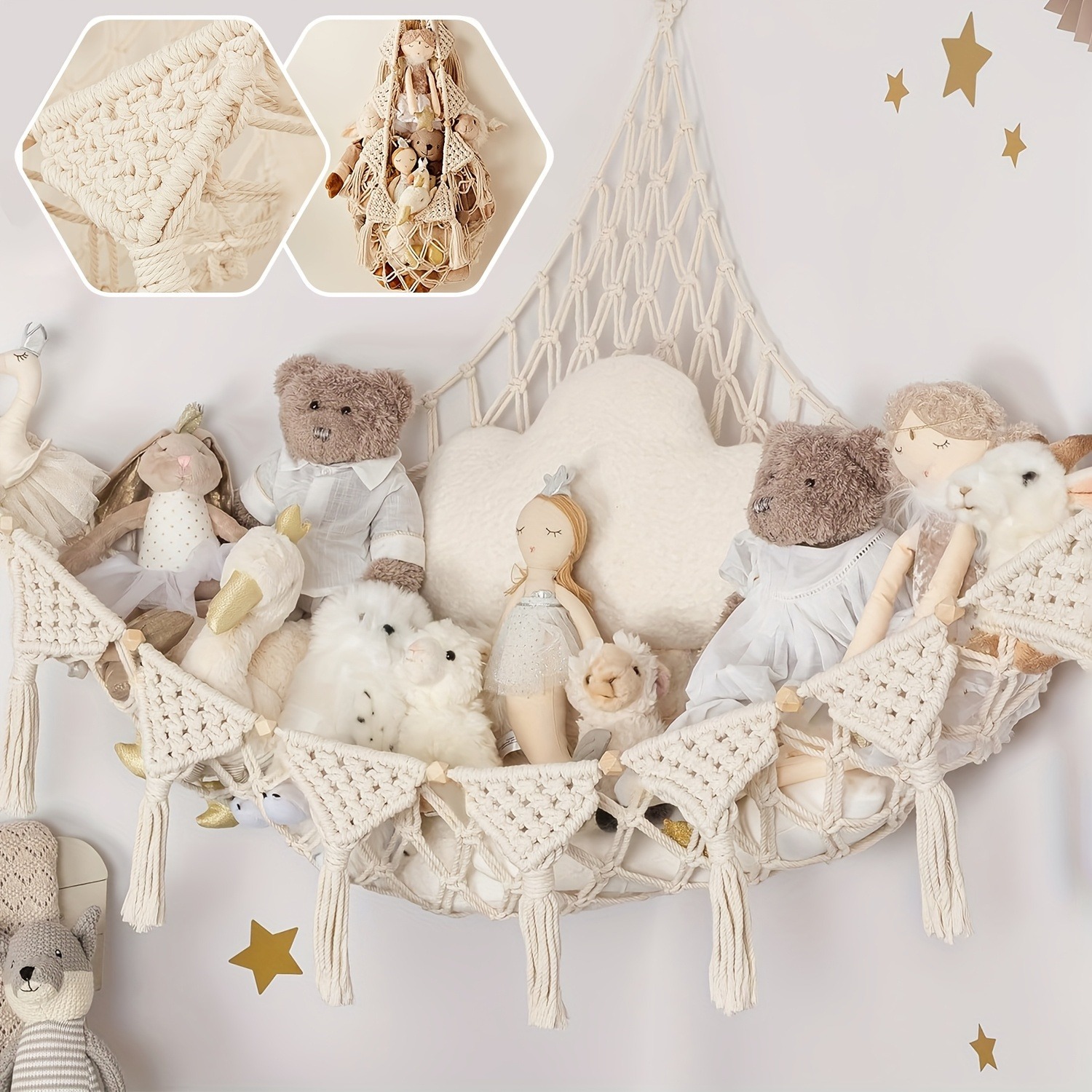 Cross-border cotton rope triangular toy mesh bag, handmade woven children's toy storage