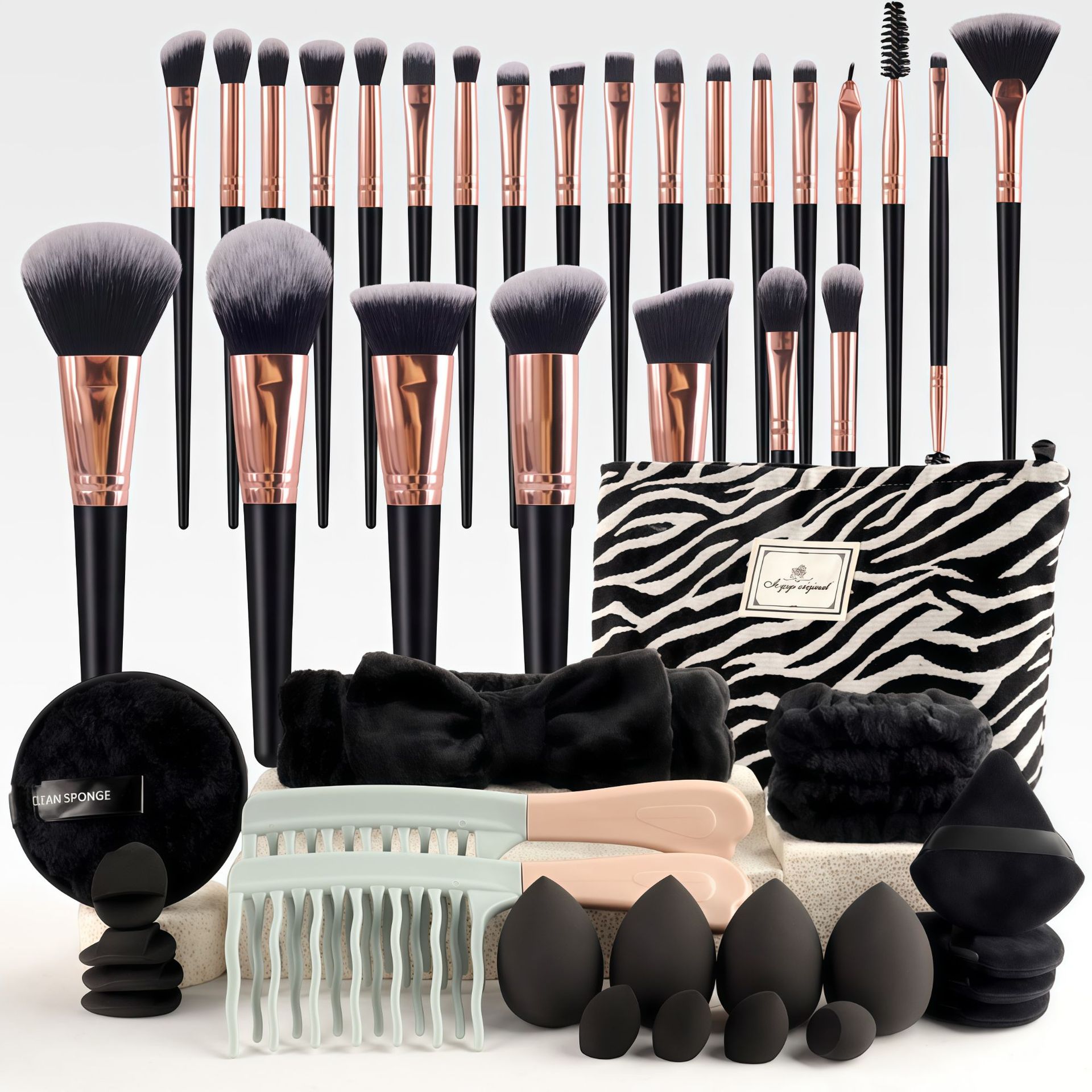 47-piece beauty tool set, including makeup brushes, face wash puff, teardrop powder puff, cushion puff, and large-capacity bag (for cross-border e-commerce).
