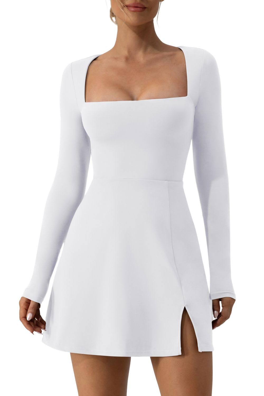 S32199 Amazon Hot Selling European and American Style Women's Square Neck Tight-Fitting Corset Long Sleeve Flared Mini Dress