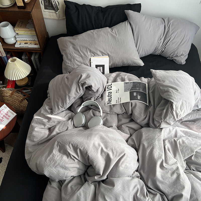 INS solid color double-tone washed cotton four-piece bedding set, super soft cloud cotton bed sheet and duvet cover, student dormitory three-piece bedding set wholesale.