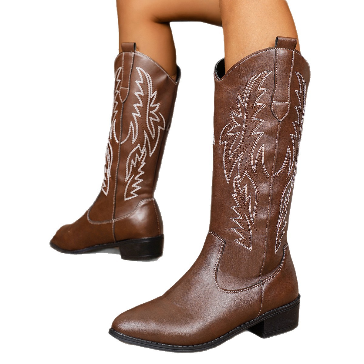 Western cowboy boots, women's long ankle riding boots, pointed toe, new autumn and winter style for foreign trade, brown large-sized embroidered chunk-heeled high boots