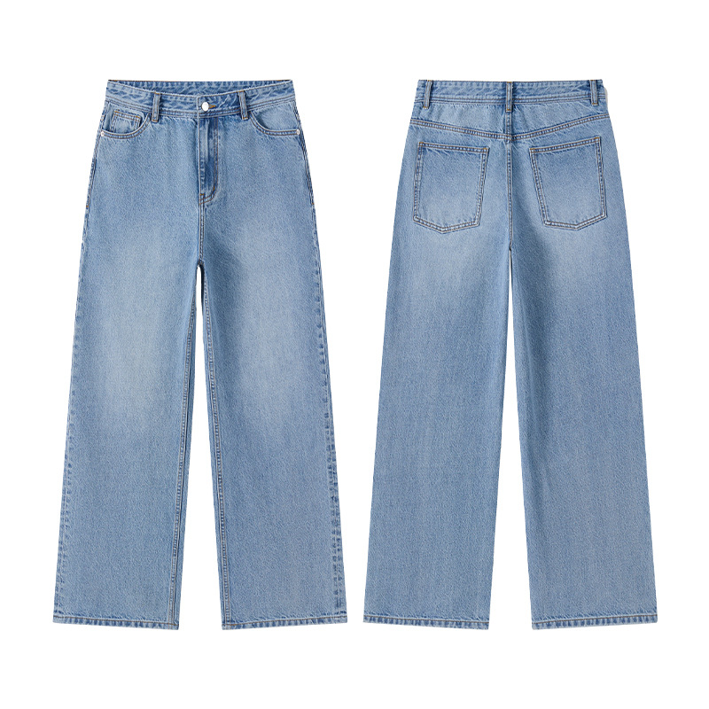LKTM men's classic American washed sky blue jeans, men's high-end loose H-shaped straight-leg trousers