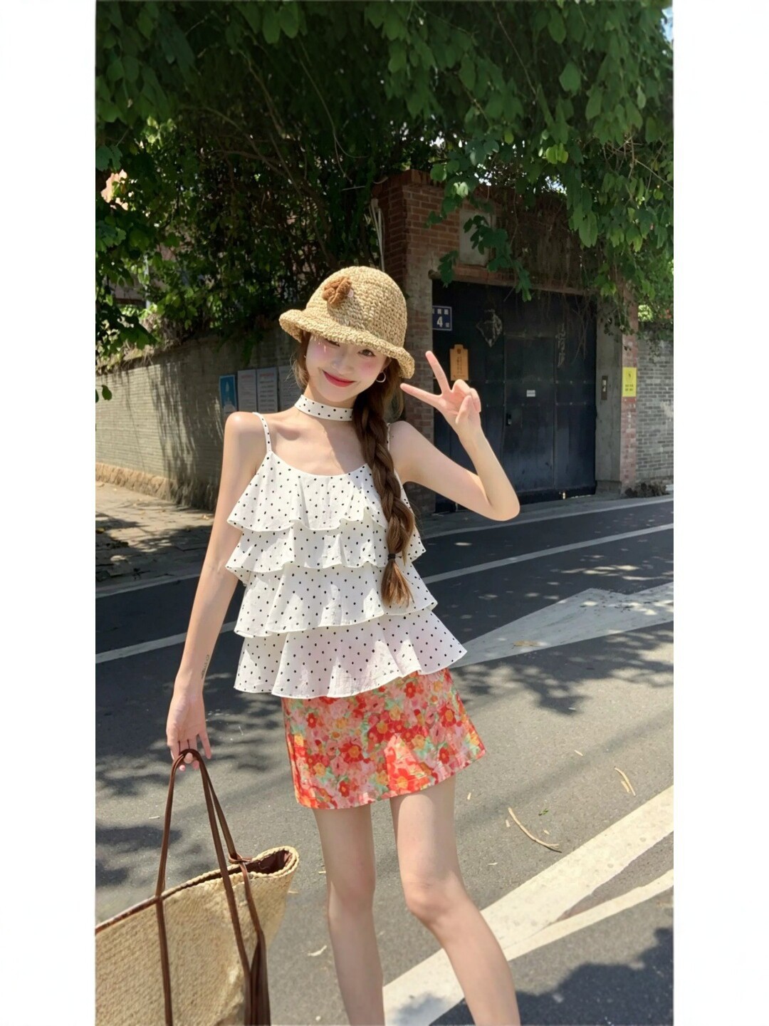 Vacation style floral design polka dot ruffled halter top 2026 summer new chiffon top for women's chic